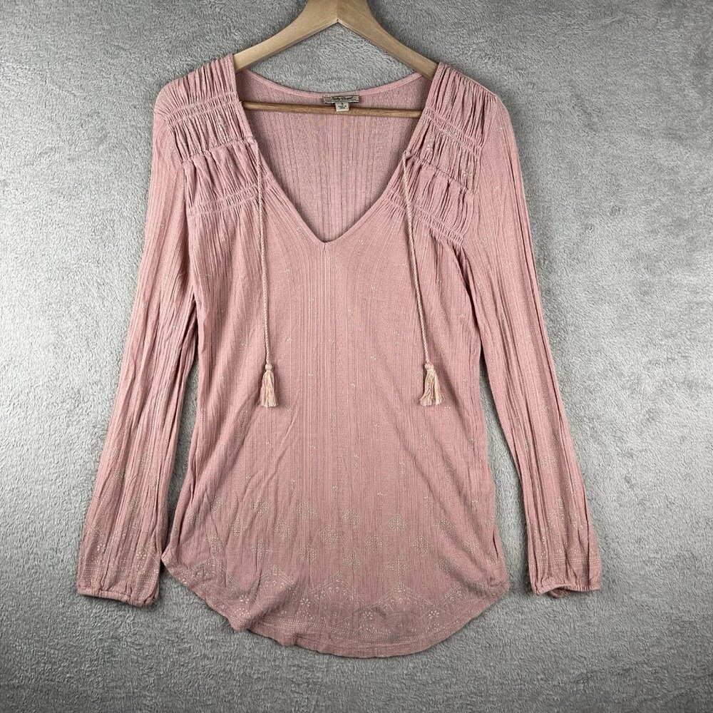 Lucky Brand Women's Top Size S Pink Tasseled V Neck Elastic Long Sleeve
